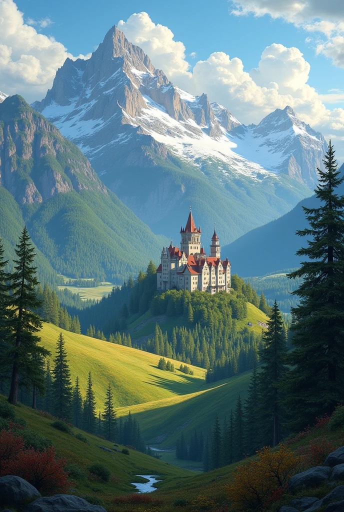 landscape, classical painting style, oil painting style, digital art style, landscape of a forest with mountains in the background, and a castle in the center