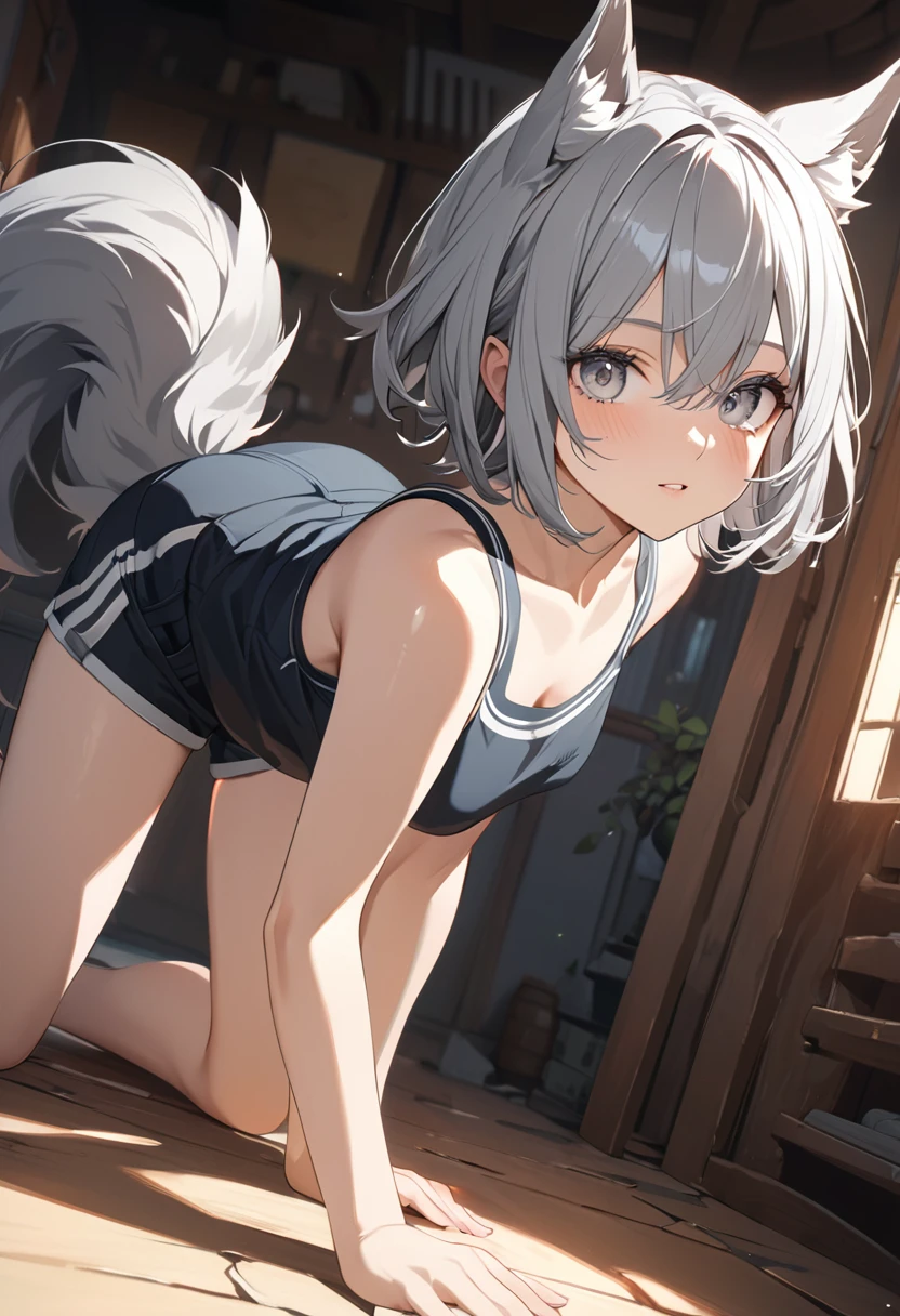 short hair, (Gray eyes:1.5),  animal ears, tail, Silver hair, shorts,  Wolf ears, Wolf Tail,  (small breast:1.2), BREAK looking at viewer, BREAK outside, BREAK (masterpiece:1.2), best quality, high resolution, unity 8k wallpaper, (illustration:0.8), (beautiful detailed eyes:1.6), extremely detailed face, perfect lighting, extremely detailed CG, (perfect hands, perfect anatomy),