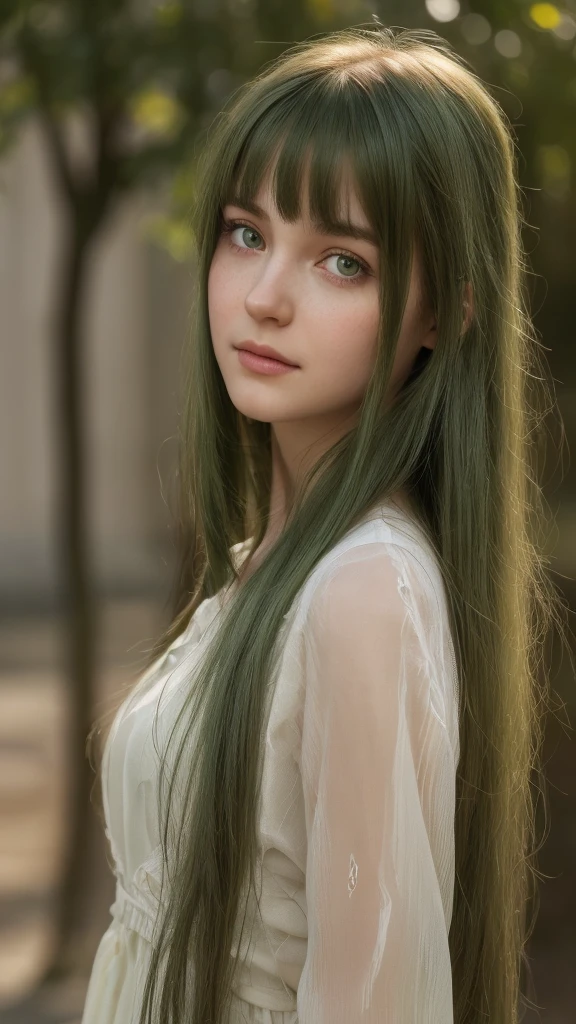 a girl, detailed face, oval face, delicate facial features, beautiful detailed eyes, long straight green hair, messy hair, bangs, green eyes, pensive, melancholic, ethereal, innocent, smiling, (best quality,4k,8k,highres,masterpiece:1.2),ultra-detailed,(realistic,photorealistic,photo-realistic:1.37),concept art