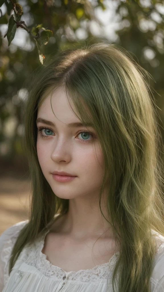 a girl, detailed face, oval face, delicate facial features, beautiful detailed eyes, long straight green hair, messy hair, bangs, green eyes, pensive, melancholic, ethereal, innocent, smiling, (best quality,4k,8k,highres,masterpiece:1.2),ultra-detailed,(realistic,photorealistic,photo-realistic:1.37),concept art