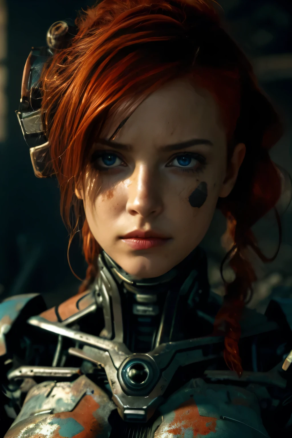 A very detailed cyborg woman, expression of sadness, head tilted to one side, empty gaze, parts of the face missing, embedded bionic parts visible, very pretty, blue and red eyes, very curly and long orange-red hair with bangs, hair dirty, dirty face, lying face up on the floor, detailed shot of the inclined chopped bust, it is broken and damaged, pieces are missing, thrown into a junkyard of electronic waste and damaged cyborg women like her, 8k, masterpiece, photorealistic , cinematic lighting, dramatic, moody, dark, gritty, specular reflections, hyper-detailed and intricate machinery, rust, decay, abandoned. dystopian, sci-fi and concept art style, broken, very rusty.nsfw