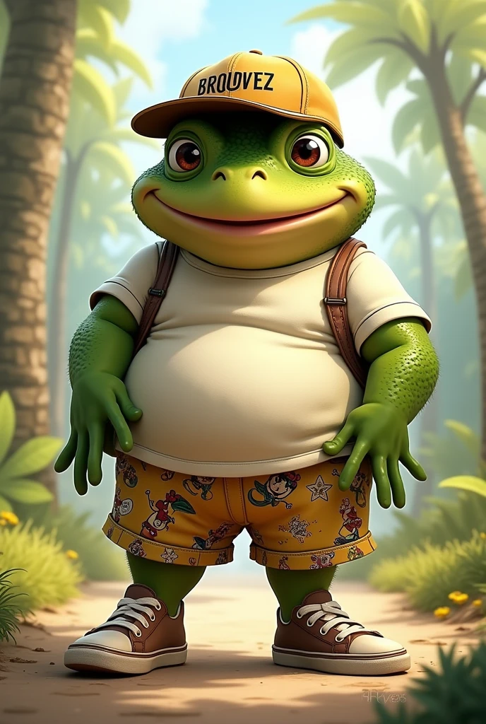 Dark humanoid toad cartoon type  , wearing cap, t - shirt, Disney style shorts and sneakers 