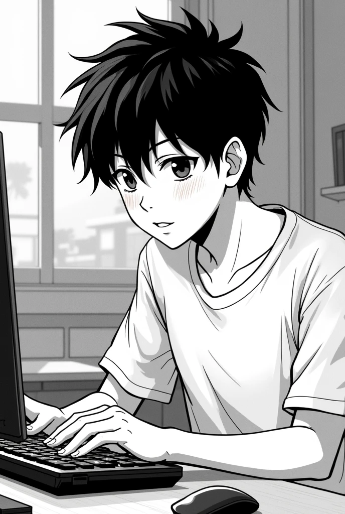 handsome fifteen year old boy with very thick black hair in manga style (black and white style) he plays on the computer in his room