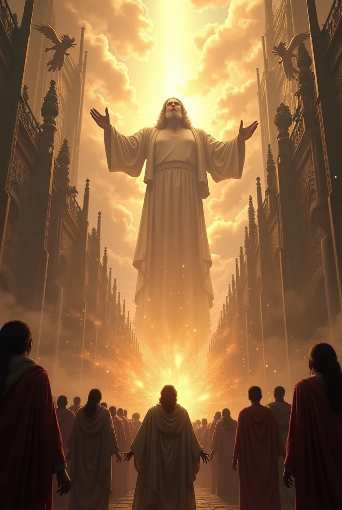 Create an image with the cathedral in the background being the final judgment God appears and everyone is afraid and other happy angels begin to play the trumpet