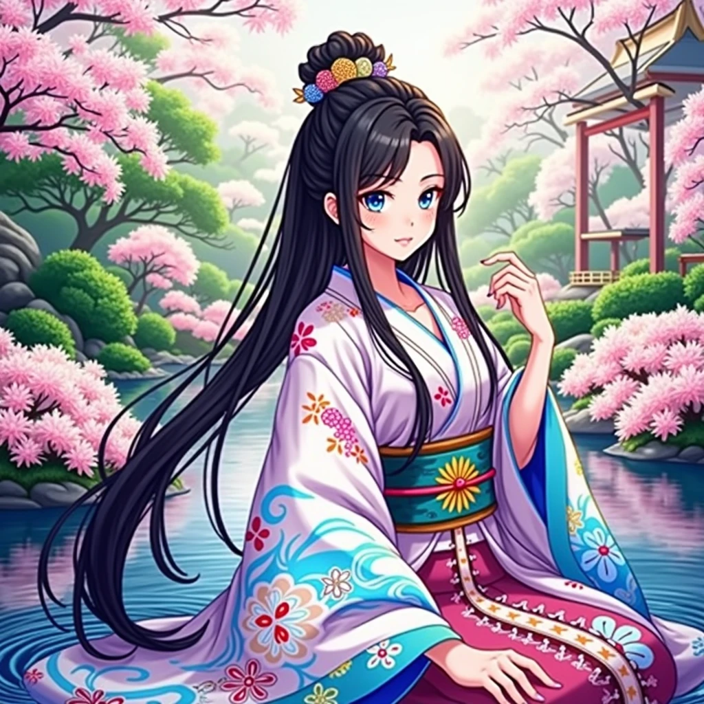 (masterpiece、Highest quality、8k、High resolution)、Traditional Japanese beauty in kimono、The best girl in anime、Floral pattern on white background、Vibrant colors、Japanese garden、There is a pond、Colorful flowers、Vibrant colors、Cherry Blossom、There is a drum bridge、A complete portrayal、Detailed anime art、