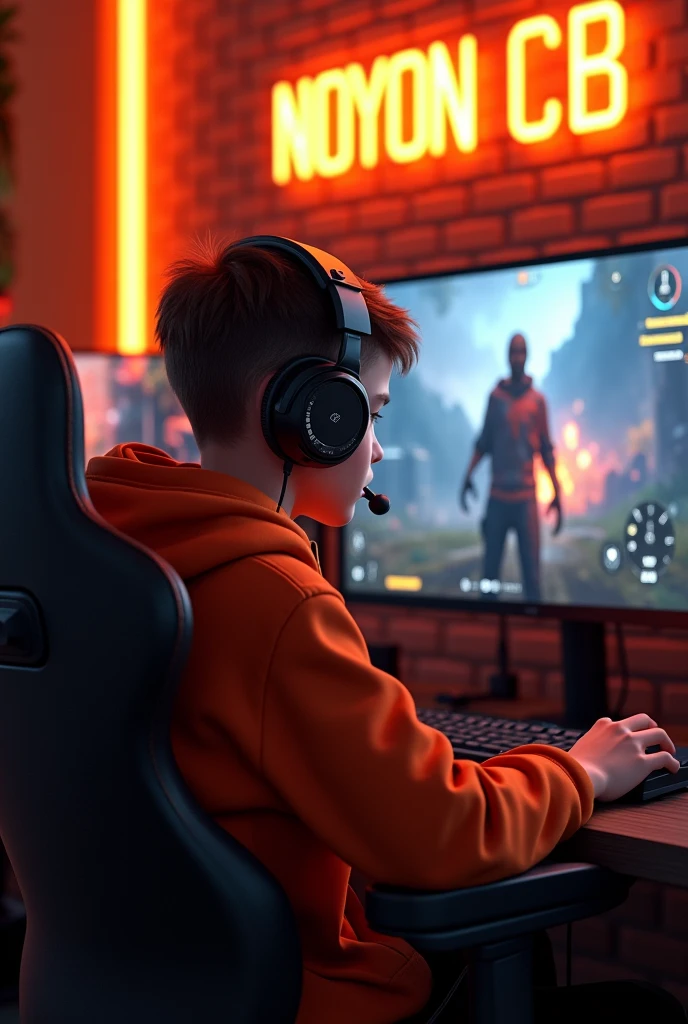 Create A 3D Realistic image of a Boy sitting in gaming room on gaming chair and playing on Free Fire application on his pc. The boy must wear dark orang hoodie headphones And his name "NOYON CB" is Written on the wall with orange colour neon light.