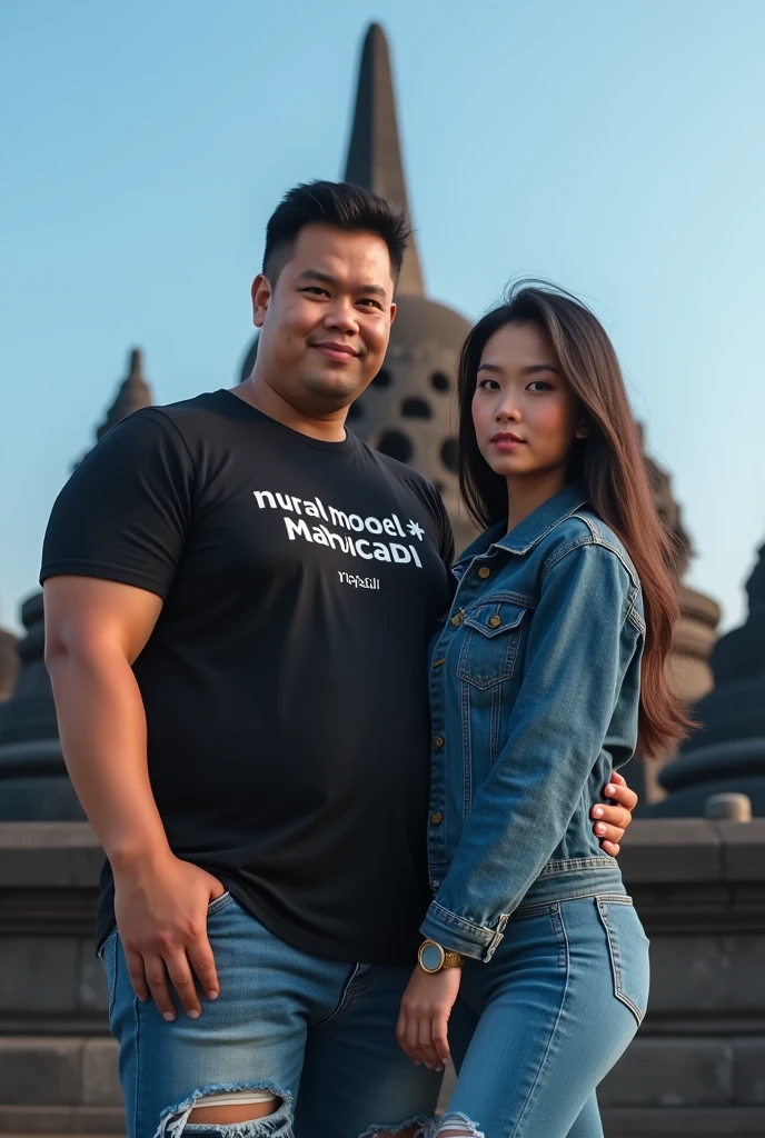 Portrait of a stocky young man,indonesia wearing black t-shirt,on the shirt there is the word mural model * Ngadi,and ripped jeans at the knees,and young Indonesian woman with long hair wearing a slim denim jacket walking wearing shoes,in front of borodur temple best quality,real,face in front of the camera,Blue sky
