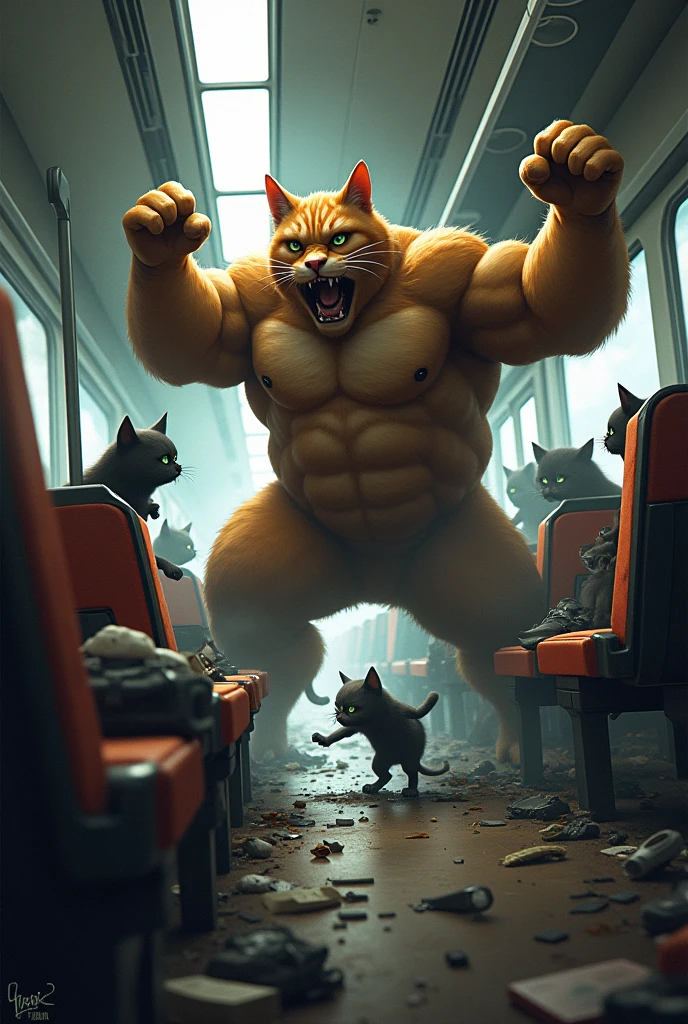 ### Scene 4: The Fight
* **Prompt:** "A dynamic action scene inside a train compartment, where a powerful, muscular cat is engaged in a fierce battle against a group of smaller, shadowy cats. The muscular cat swats one thief aside with a mighty paw, while another thief is being flung into a wall. The leader of the thieves tries to sneak around, but the muscular cat remains vigilant. The environment is chaotic, with seats and belongings scattered around as the fight ensues under dim lighting."

