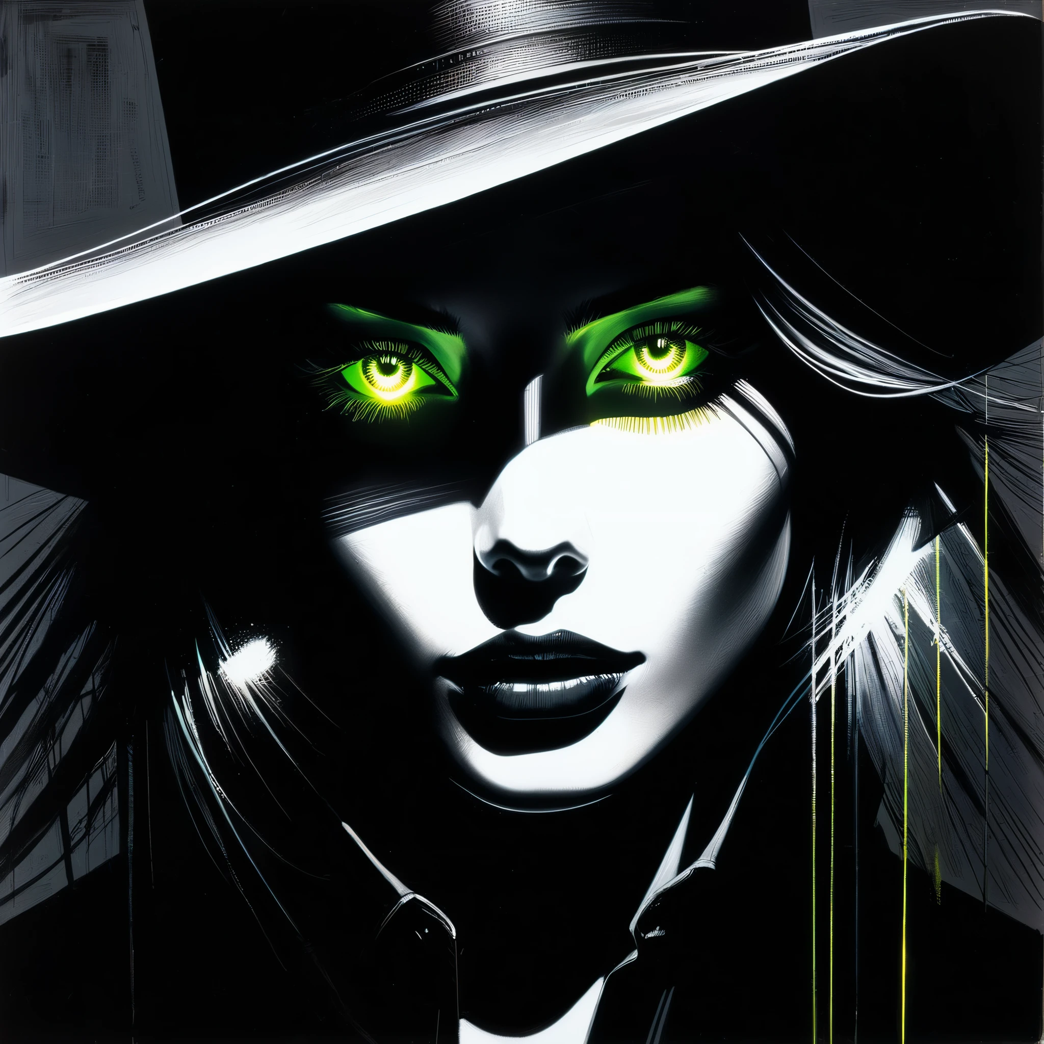 {Hans Hartung style} (1 Girl),{cowboy:1.4}，Neon shining eyes,Extreme Shadow，Extreme darkness，