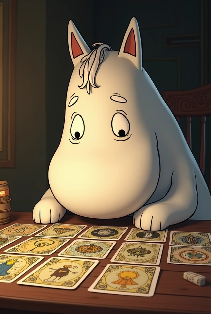 Moomin character reading tarot on a table with real cards