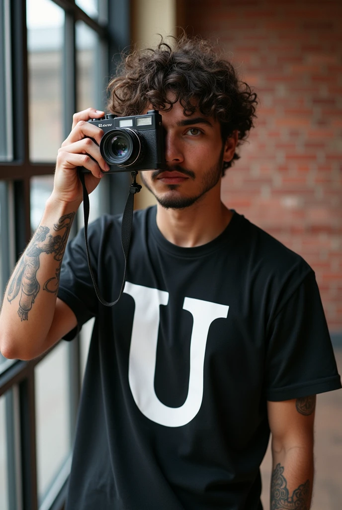 And for me a man with curly hair White tattoo on his arm shirt with the letter u in the middle with a camera in his hand