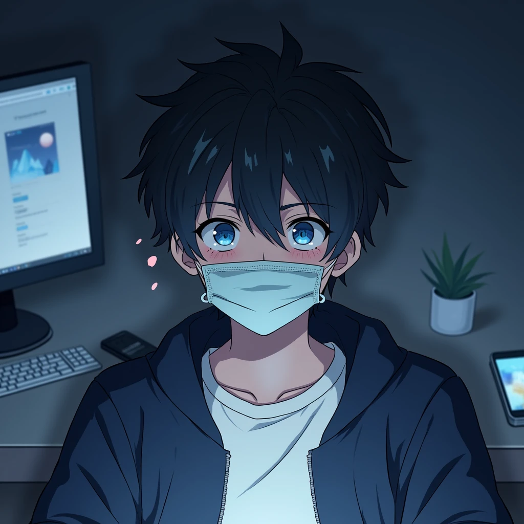 One person,Handsome,Black Hair, blue eyes, White T-shirt,Navy blue jacket,smartphone,computer,mask,Anime Style,An illustration,Drooping eyes,Illness,night,Streamer asymmetrical hairstyle, seems kind,Confused eyes,maskで鼻を隠す
