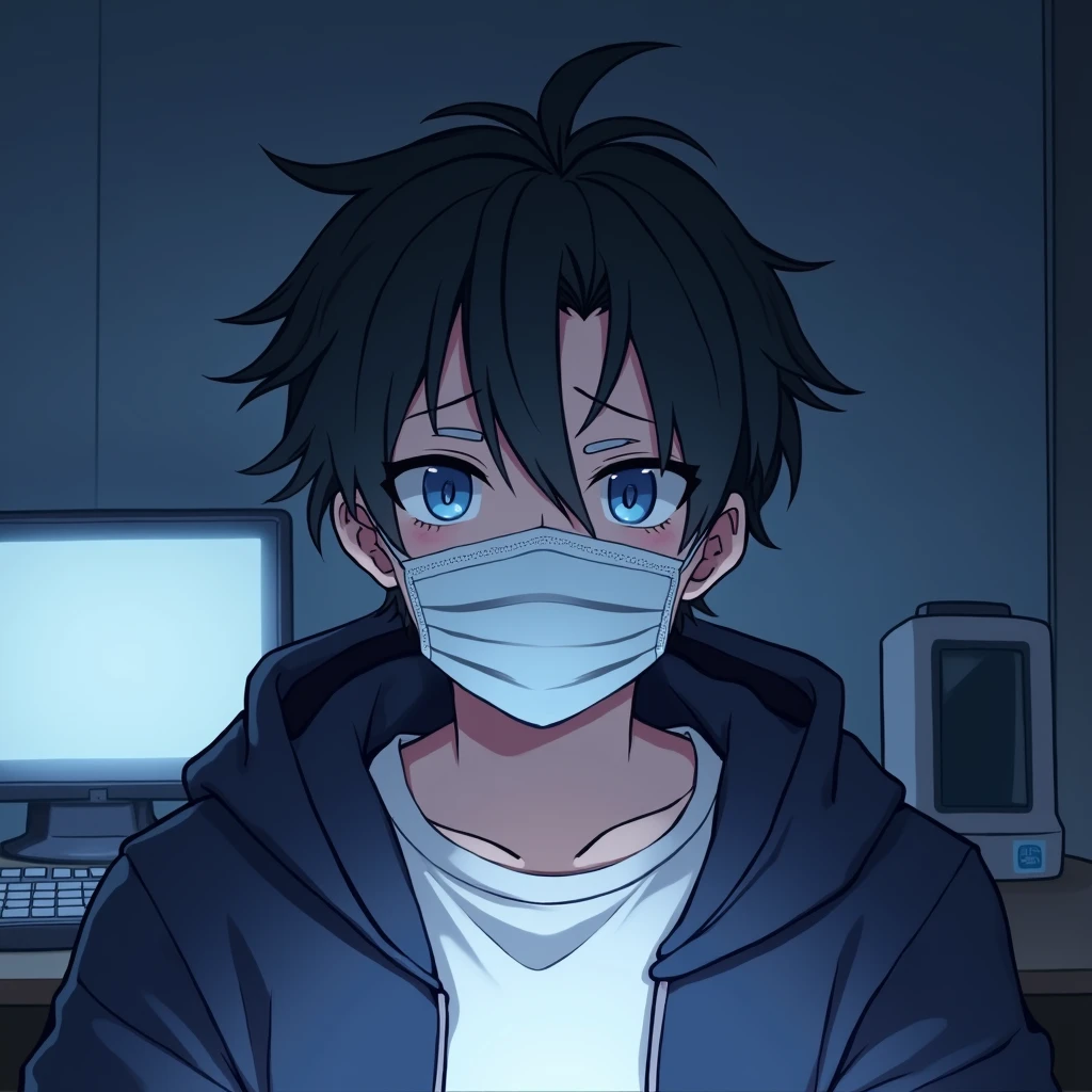 One person,Handsome,Black Hair, blue eyes, White T-shirt,Navy blue jacket,smartphone,computer,mask,Anime Style,An illustration,Drooping eyes,Illness,night,Streamer asymmetrical hairstyle, seems kind,Confused eyes,maskで鼻を隠す