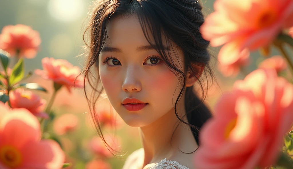a beautiful young korean woman, beautiful detailed eyes, beautiful detailed lips, extremely detailed eyes and face, long eyelashes, smiling, walking in a lush flower garden, colorful flowers, gentle breeze, warm sunlight, vibrant colors, photorealistic, 8k, high quality, masterpiece, intricate details, elegant, serene, magical