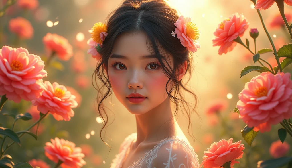 a beautiful young korean woman, beautiful detailed eyes, beautiful detailed lips, extremely detailed eyes and face, long eyelashes, smiling, walking in a lush flower garden, colorful flowers, gentle breeze, warm sunlight, vibrant colors, photorealistic, 8k, high quality, masterpiece, intricate details, elegant, serene, magical