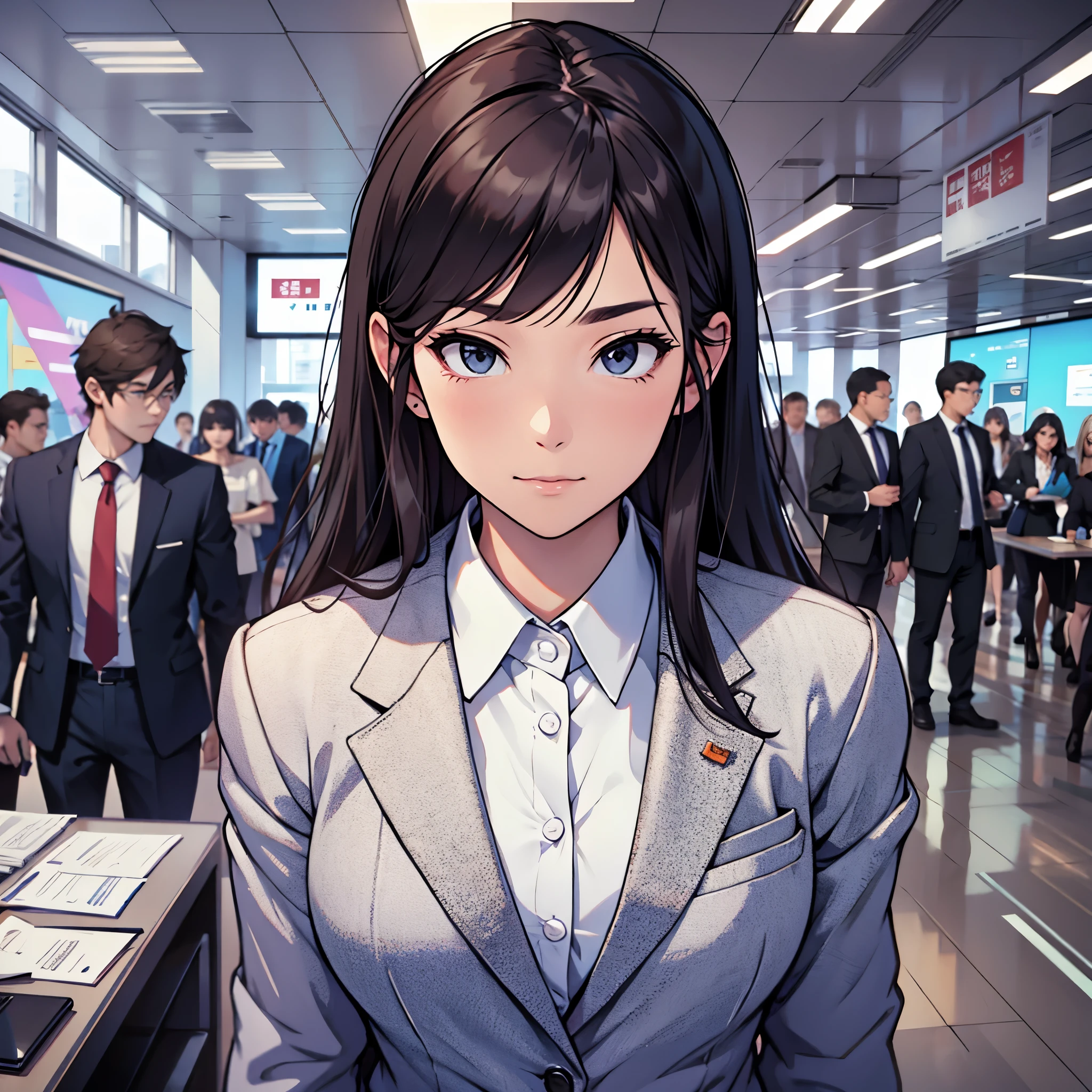 A woman wearing a business suit looking for a job。Stylish and cool。Interview in a large conference room。