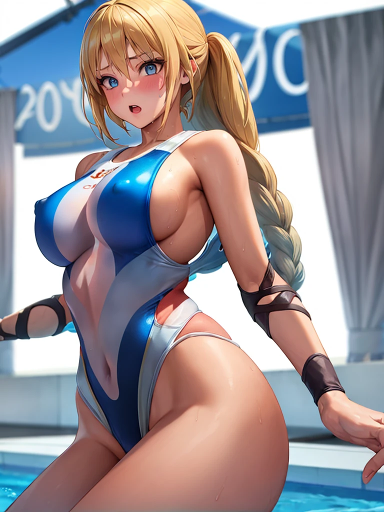 (White background, 1girl:1.4), BREAK,Long blonde hair, blue eyes,Narrow waist,voluptuous Breasts,(one-piece competitive swimwear,one-piece competition swimsuit:1.6), blush,Open your mouth,(covered nipples:1.2)