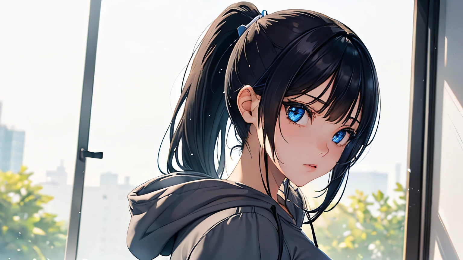 (Excellent: 1.2), (Highest Quality: 1.2), (Super Detailed: 1.2), (A girl standing in front of a window looking at the sky, blue eyes, brunette, medium hair, bangs, ponytail, grey hoodie, long sleeves, black miniskirt), (((Very detailed eyes and face))), ), (Upper body, right side of screen), (Summer sky), (Big breasts)