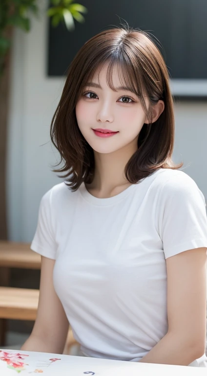Tabletop, Highest quality, shape, Very detailed, In detail, High resolution, 8k wallpaper, Perfect dynamic composition, Beautiful attention to detail,  Natural Lip, White T-shirt, Small breasts, Random sexy poses,short hair,RAW Photos,Cute🩷,smile,Blurred Background