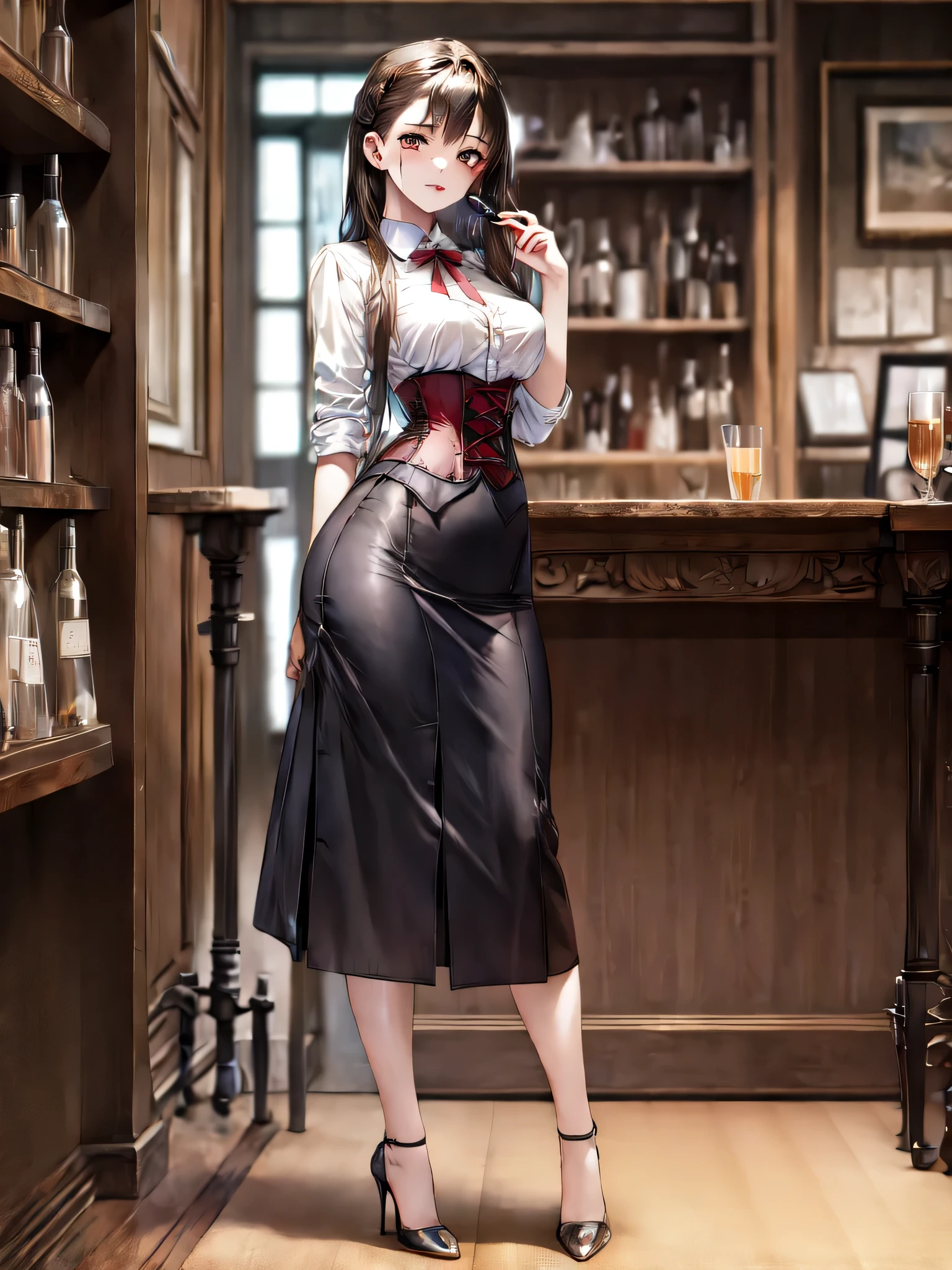 (masterpiece, best quality, highest quality, Masterpiece, 8k:1.5), (kawaii:1.2), ((Full Body Shot,Including face,1girl)), ((Focus on the face,Symmetrical facial features)), Beautiful woman, (slender), ((High heels)), Detailed depiction of the face, Cafe,bar, (Red checked skirt,corset,clerk,uniform),Inside the store,Window Cleaning, (multiple:-1.2),