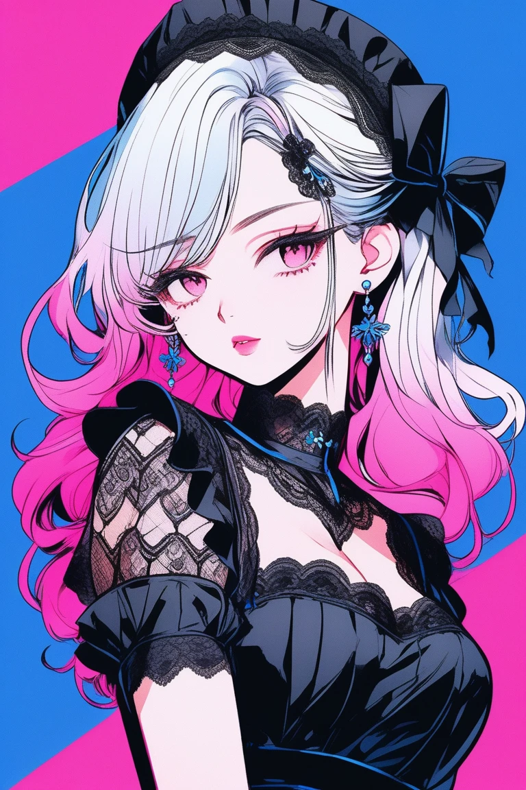 Illustrator, anime , Realistic ,sketch , 1 person, model, Age 25, lip, Sexy and revealing black lace maid outfit,  order, Blue and pink gradient background, Neon Hair, Big Breasts, Her cleavage is visible, look back, Upper body close-up, Sexy look, Texture Trim, Russia, (masterpiece,Highest quality)