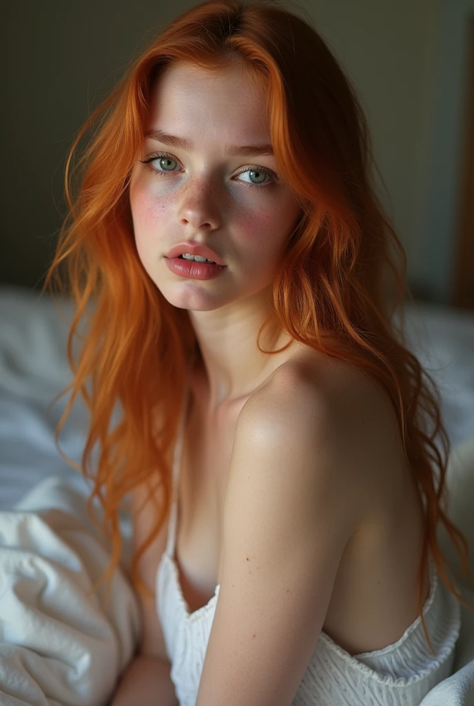 RAW Photos、(masterpiece:1.3)、(of the highest quality, Very detailed, complex)、Mackenzie Foy, , ginger hair, Professional photography、little whore, Professional lighting、High resolution、High dynamic range、(((realist、ultrarealistic, realist、8k ultra high definition)))、cute labia minora, Caution when browsing、16k、32K、超High resolution、(((big breasts)))、(((emphasize the neckline)))、Abdominal muscles、perfect body、 delicate features,、Super photogenic、clavicle、beautiful ass、((without clothes, naked))、Ultra detailed face、Naturally radiant lips、double eyelid、high contrast、((belly button))、natural light、someone who looks at you calmly、 Goddess eyes、bright Eyes、Beautiful hip line、bedroom、(((on the bed:1.5)))、Delicate and sexy face、 sensual look、 (sweaty, shiny skin:1.5)、model、The expression when enduring pleasure.、Sexually aroused expressions.、(perspiration:1.2)、under the chest、spilling breasts、full body shot、Opened legs、wide spread legs apart