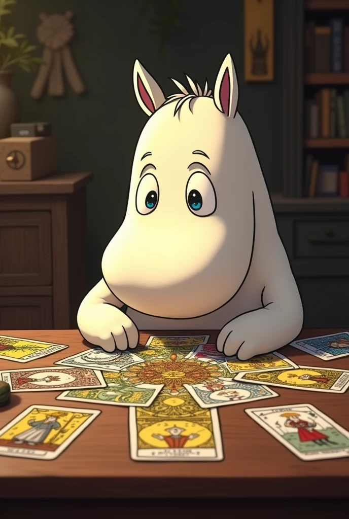 Moomin character reading tarot on a table with real cards