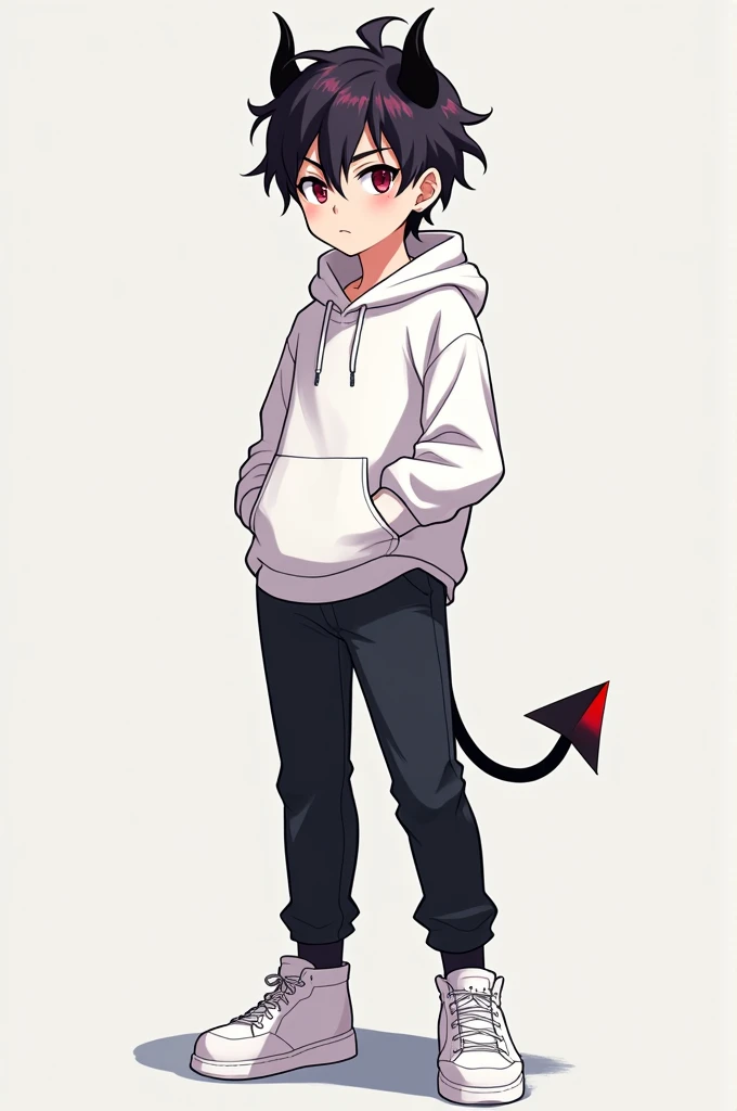 Anime handsome demon boy white hoodie black pant white sneakers 