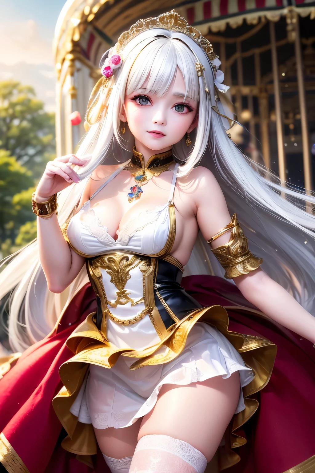 masterpiece,Highest quality,Very detailed,Beautiful girl in colorful idol costume,,White Hair,Outdoor Stage