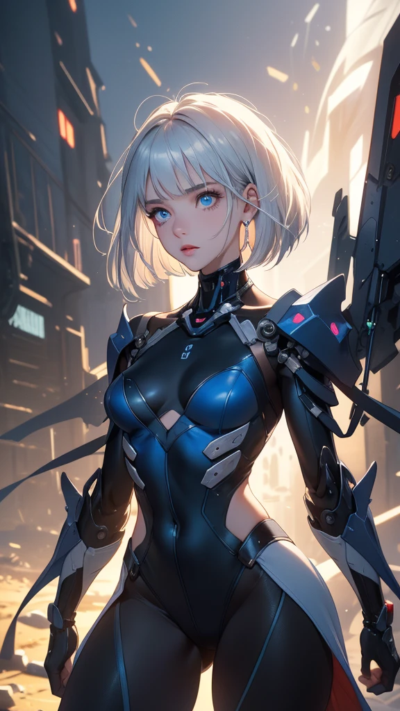 Masterpiece, highest quality, ray tracing, perfect lighting, an 18 year old woman with a samurai knife, beautiful and detailed eyes, mechanical prostheses, cold expressions, glowing eyes, smooth skin, mechanical structure, tights, long hair, transition from blue to white hair, disheveled hair, multicolored hair, unmanned aerial vehicles, dark tones, dynamic effects, fluorescent effects, mecha coverage, huge mecha structure, Beautiful details of luminescence, sapphire like eyes, fluorescent blue, dynamic composition, Cyber City background, debris, transistors, incredible details, stunning brush strokes, dynamic blur, high-definition semi realistic animation, cg concept art, digital painting, (masterpiece:1.3), ((Best quality at best)) , (disorganized:1.3), (highest quality:1.3),(perfect anatomy:1.5),Super detailed:1.3),(best shadow:0.7),(Ultra high resolution), extremely detailed texture, sharp focus, realistic lighting, cinematic quality, photorealistic details, smooth shading, fine grain, high dynamic range, 8K quality, exquisite clarity, ((no exposed body parts:1.3)), ((fully clothed)), ((no nudity)), ((decent clothing)), ((covered up)),perfect finger,(detailed face), solo, fine eyes, beautiful eyes, , Exquisite facial features, Interlacing of light and shadow,anime style, hands well proportioned to the body, arms with good anatomy, rest outdoors, intimidating pose, straight waist, posing standing, ((graduated bob cut:1.1)),(blunt bangs),1 mature woman, ((saggy small breasts)), ((muscular)),