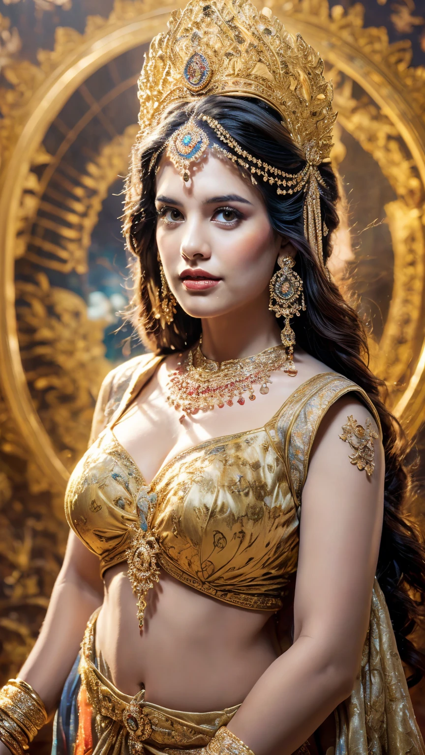 ((Best quality, 8k, Masterpiece :1.3)), Sharp focus :1.2, Generate a realistic image of a beautiful sexy Indian woman plus size body: 8.5 (masterpiece like a princess) (body like divine girl) dressed divine clothes white skirt and print bra, adorned with traditional ornaments, standing in a well-lit room with cinematic lighting. ((Front view, random elegant pose)), and there is a sense of grace and elegance in her posture. The background should complement the scene, enhancing the overall aesthetic appeal of the image. Photography by Brandon Woelfel, Full shot: Canon EF 16-35mm f/2.8L III USM lens on a Canon EOS 9D Mark IV camera 128bit, ultra realistic, 32k, HD