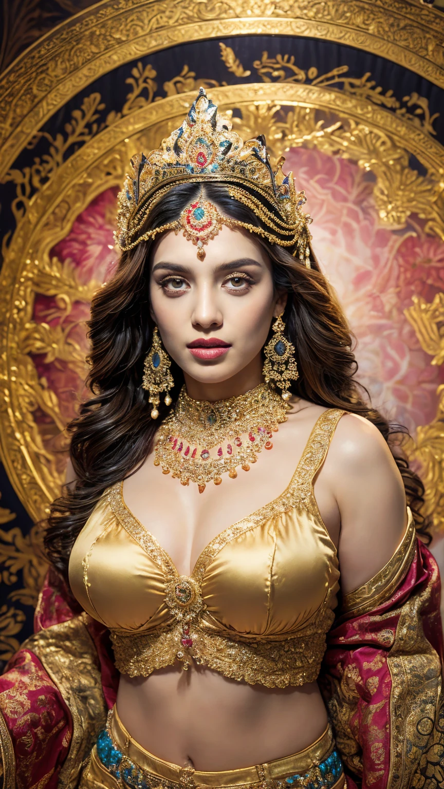 ((Best quality, 8k, Masterpiece :1.3)), Sharp focus :1.2, Generate a realistic image of a beautiful sexy Indian woman plus size body: 8.5 (masterpiece like a princess) dressed in a white ghagra and print bra, adorned with traditional ornaments, standing in a well-lit room with cinematic lighting. ((Front view, random elegant pose)), and there is a sense of grace and elegance in her posture. The background should complement the scene, enhancing the overall aesthetic appeal of the image. Photography by Brandon Woelfel, Full shot: Canon EF 16-35mm f/2.8L III USM lens on a Canon EOS 5D Mark IV camera, ultra realistic, 32k, HD