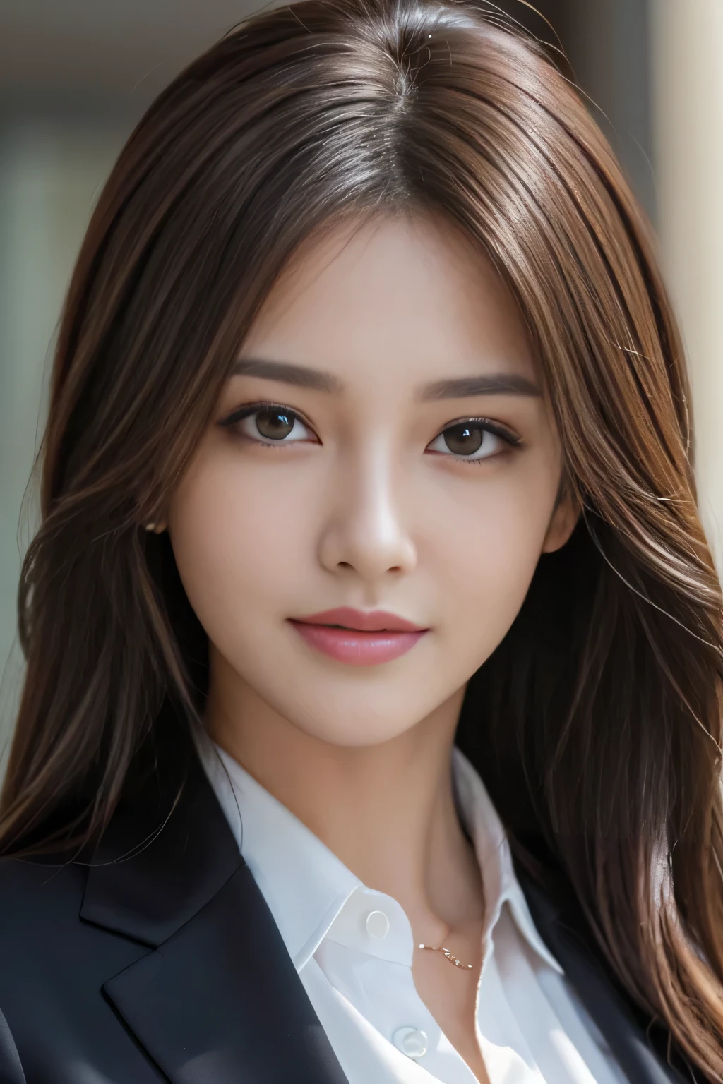 masterpiece, highest quality, realistic, Super detailed, attention to detail, High resolution, 8k wallpaper, one beautiful woman,, light brown messy hair, wearing a business suit, sharp focus, perfect dynamic composition, beautiful and fine eyes, fine hair, Detailed realistic skin texture, smile, close-up portrait, model body shape