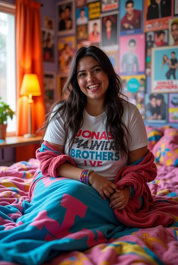 26 year old Hispanic curvy woman with long straight in a room with a wall with 100 posters of Jonas brothers a Disney boy band an album cover by nick jonas , featured on tumblr, pop art, in her room, sitting happy in a Jonas brothers blanket, she is in her room, a fan girl teenage bedroom, in my bedroom, teenager hangout spot, posing in a bedroom shoving her 100 Jonas brothers posters while posing in the same bed, she is wearing a t-shirt that says I LOVE Jonas brothers, posters in the wall of a boy band, She has a los of colorful bracelets, t-shirtI love Jonas brothers, and nick jonas. JONAS BROTHERS, NICK JONAS JOE JONAS KEVIN JONAS. FAN GIRL happy 50posters on a wall of a boy band