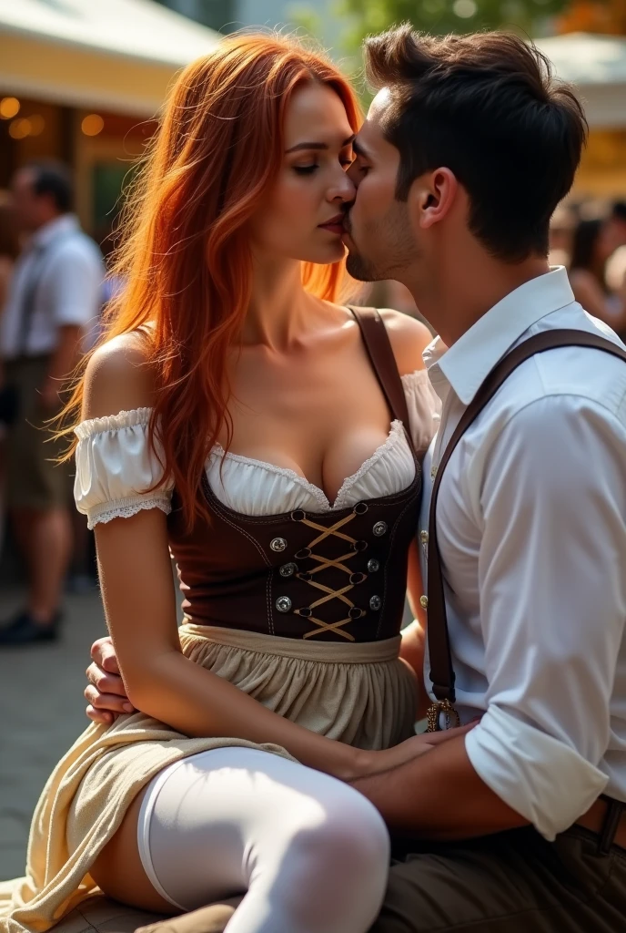 ultra realistic, photography, long red hair, 24 years old, hourglass figure, perfect body, natural huge breasts, seductive look, wearing a tight Dirndl dress with a nice cleavage, she is wearing white thigh high stockings, she is outside in a courtyard, on a sunny day, posing sexy, she is sitting at a beertable at Octoberfest, she is sitting on an attrractive darkhaired men's lap and kissing him with passion