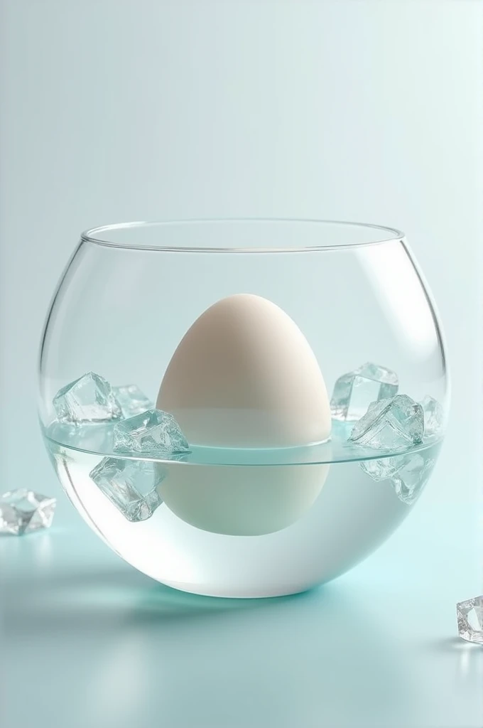 Egg with shell placed in a glass bowl of cold water with ice cubes