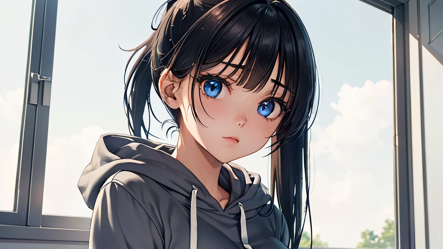 (Excellent: 1.2), (Highest Quality: 1.2), (Super Detailed: 1.2), (A girl standing in front of a window looking at the sky, blue eyes, brunette, medium hair, bangs, short ponytail, grey hoodie, long sleeves, black miniskirt), (((Very detailed eyes and face))), ), (Upper body, right side of screen), (Summer sky), (Big breasts)