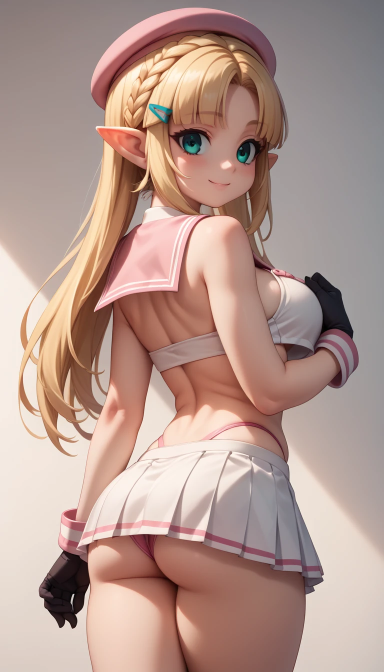 High resolution, Very detailed, perfect lighting, beautiful detailed eyes, ((masterpiece,Best Quality)), absurdities, alone, princess zelda, by the width, crown braid, Hair clip, pointy ears, Gloves without fingers, black gloves, smile, curves, nod, , deep neckline, deep neckline, pink thong, touching her breasts in a sexy way, close up, pigtails with bangs, pigtails with bangs, touching her breasts in a sexy way, teal eyes, close up, pigtails with bangs, pink boina,  fitted sailor suit, fitted sailor suit, short white skirt, pink beret, kneeled, view from behind, kneeled 