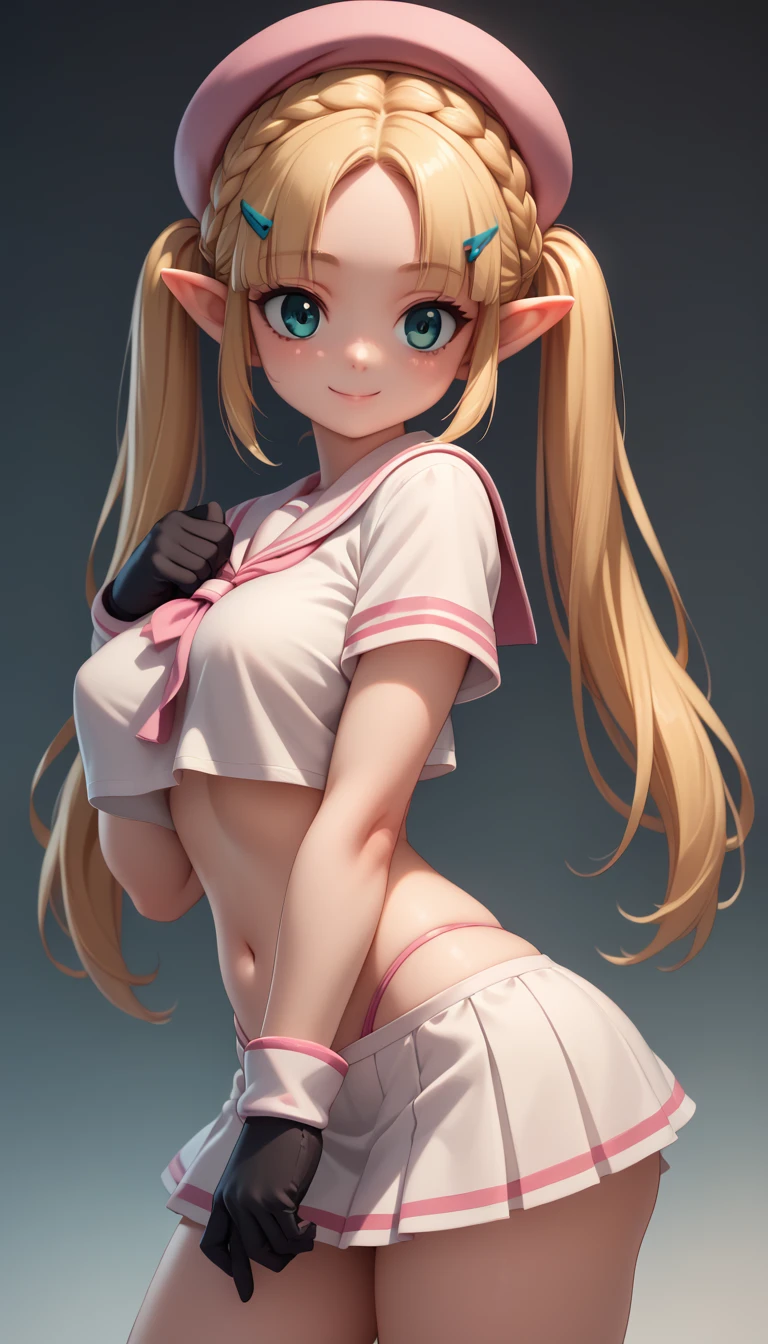 High resolution, Very detailed, perfect lighting, beautiful detailed eyes, ((masterpiece,Best Quality)), absurdities, alone, princess zelda, by the width, crown braid, Hair clip, pointy ears, Gloves without fingers, black gloves, smile, curves, nod, , deep neckline, deep neckline, pink thong, touching her breasts in a sexy way, close up, pigtails with bangs, pigtails with bangs, touching her breasts in a sexy way, teal eyes, close up, pigtails with bangs, pink boina,  fitted sailor suit, fitted sailor suit, short white skirt, pink beret, kneeled, view from behind, kneeled 