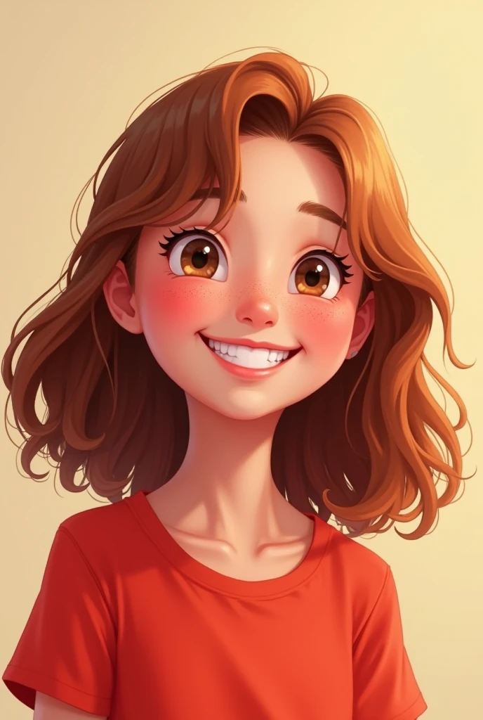 create an image of girl smiling wearing red shirt
