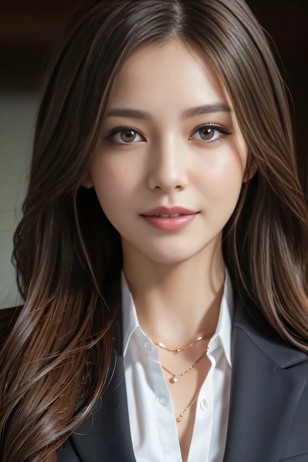 masterpiece, highest quality, realistic, Super detailed, attention to detail, High resolution, 8k wallpaper, one beautiful woman,, light brown messy hair, wearing a business suit, sharp focus, perfect dynamic composition, beautiful and fine eyes, fine hair, Detailed realistic skin texture, smile, close-up portrait, model body shape