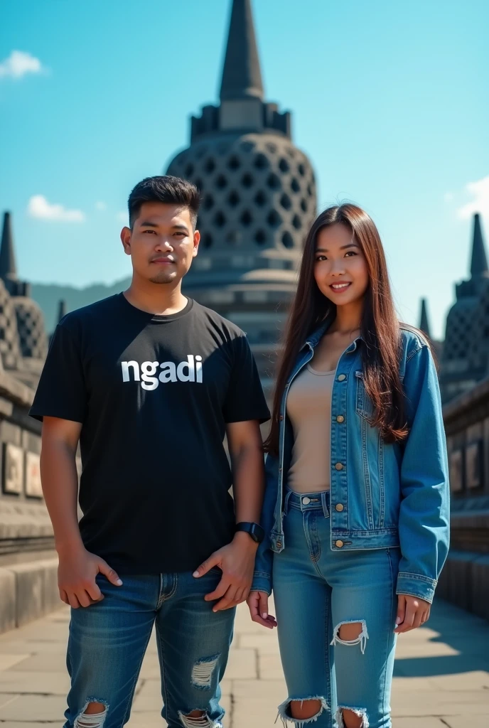 A portrait of a rather stout young man,indonesia wearing black t-shirt,there are words on the shirt * Ngadi,and ripped jeans at the knees,and young Indonesian woman with long hair wearing a slim denim jacket walking wearing shoes,in front of borodur temple best quality,real,face in front of the camera,Blue sky
