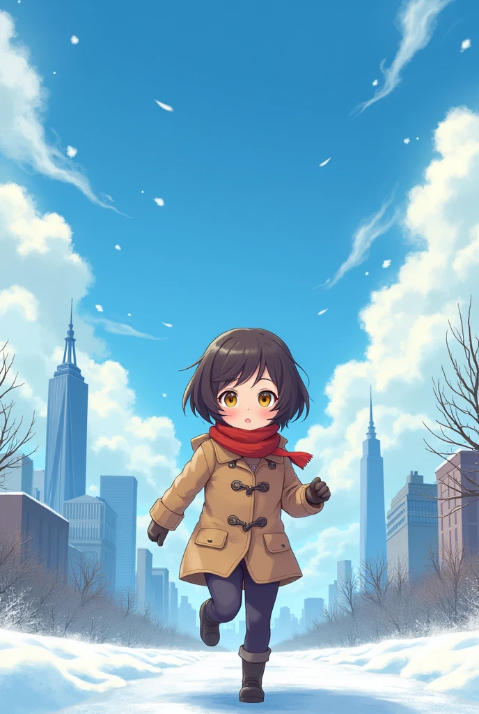 Dark brown hair,Short and delicate hair,By Bangs,Yellow eyes,cute,Teenage Girl,Winter Clothing,Background City,Blue sky and white clouds,run,The proportion of people in the painting is relatively small