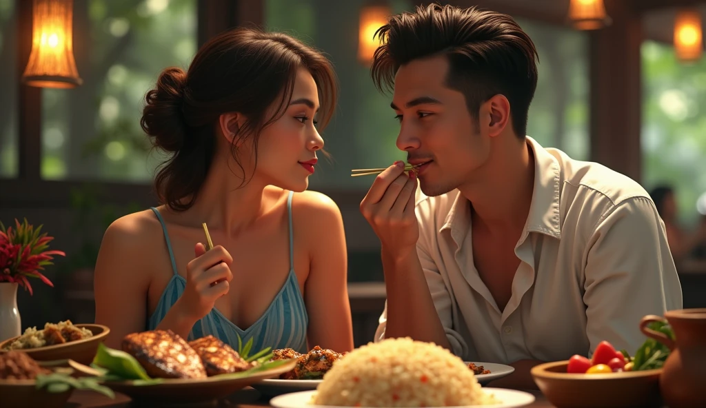 a beautiful woman and a handsome man are feeding each other food intimately, with lots of food in front of them, there is grilled fish on banana leaves, rice on a container made of bamboo, and soupy vegetables in a bowl in the background of a traditional Javanese restaurant