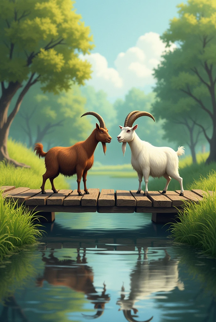 Background: A calm countryside scene with a narrow wooden bridge crossing over a gently flowing stream. The bridge is old but sturdy, made of worn-out wooden planks with green grass and trees on either side of the stream.Foreground: Two goats stand on either side of the bridge, facing each other. One goat is brown, and the other is white. Both have determined looks in their eyes, staring each other down. Their standoff represents the conflict of "who will go first."Below: The reflection of both goats can be seen in the water below, creating a mirror-like effect that emphasizes their rivalry.Mood: A sense of tension, as both goats are stubbornly refusing to give way to one another. The environment, however, remains serene, symbolizing how the conflict is self-created.