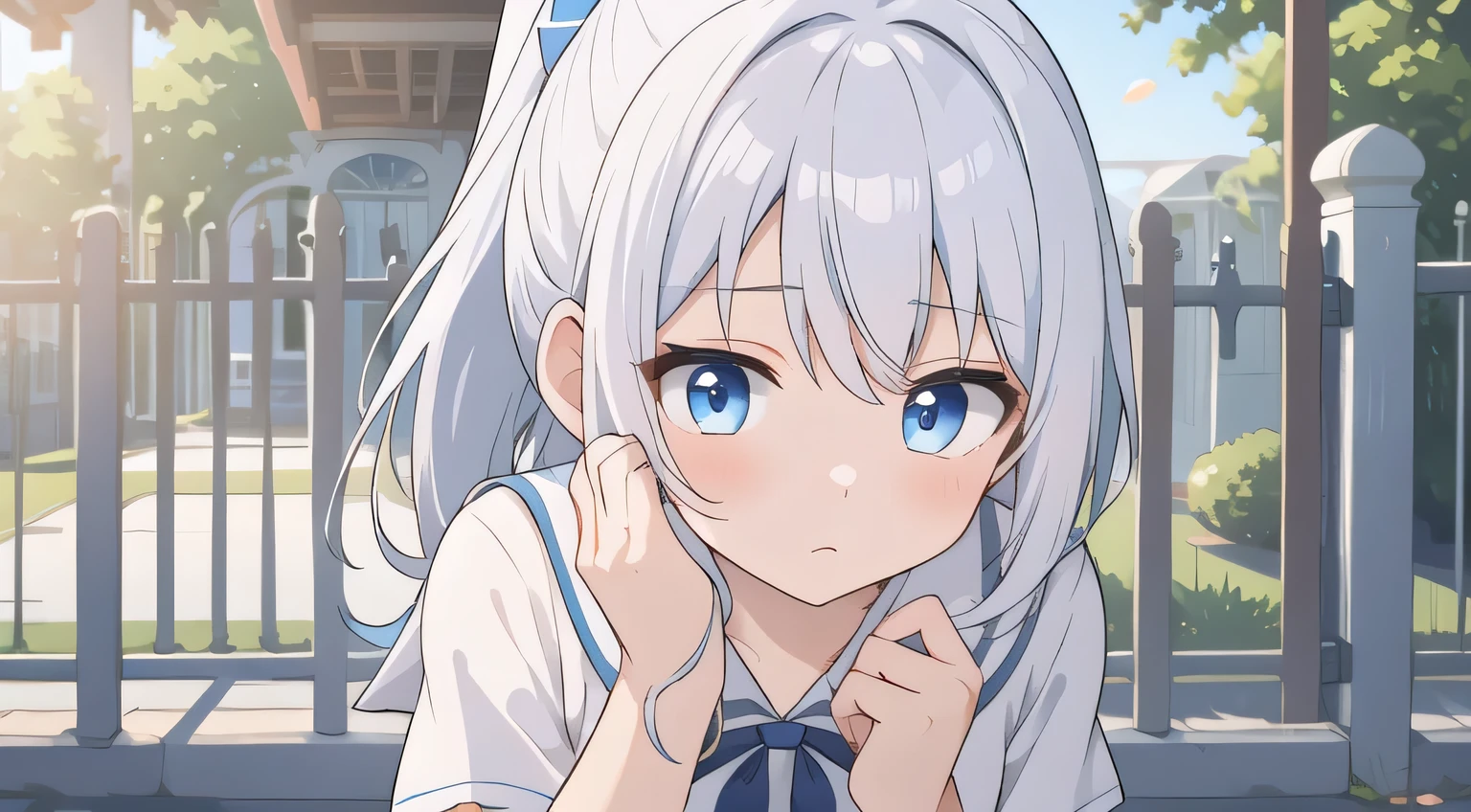 (blue ribbon:0.8), cute girl, anime, silver hair, blue eyes, ponytail, feel shy, school gate, bust up, (white school uniform:1.5), cute, short sleeve