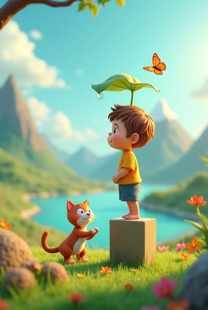 3d scene is created, a cute stands on tiptoe on a tall square box, a kitten snuggles up to the boy's heel, carefully observing the yellow tip of the plant several large dew drops fall from the top of the leaf, the leaf and dew are close-up, surrounded by yellow grass, two butterflies are dancing, super cute clay world, isdistant view, Lovely clay-ice frame animation with lovely peaks, streams, fur-edged grass in the background, brightly colored landscapes, colorful flower fields, turquoise lakes, gold and red fields and mountains, sloping movement, excellent lighting, volume, landscape, brush rendering, 3D, super detail