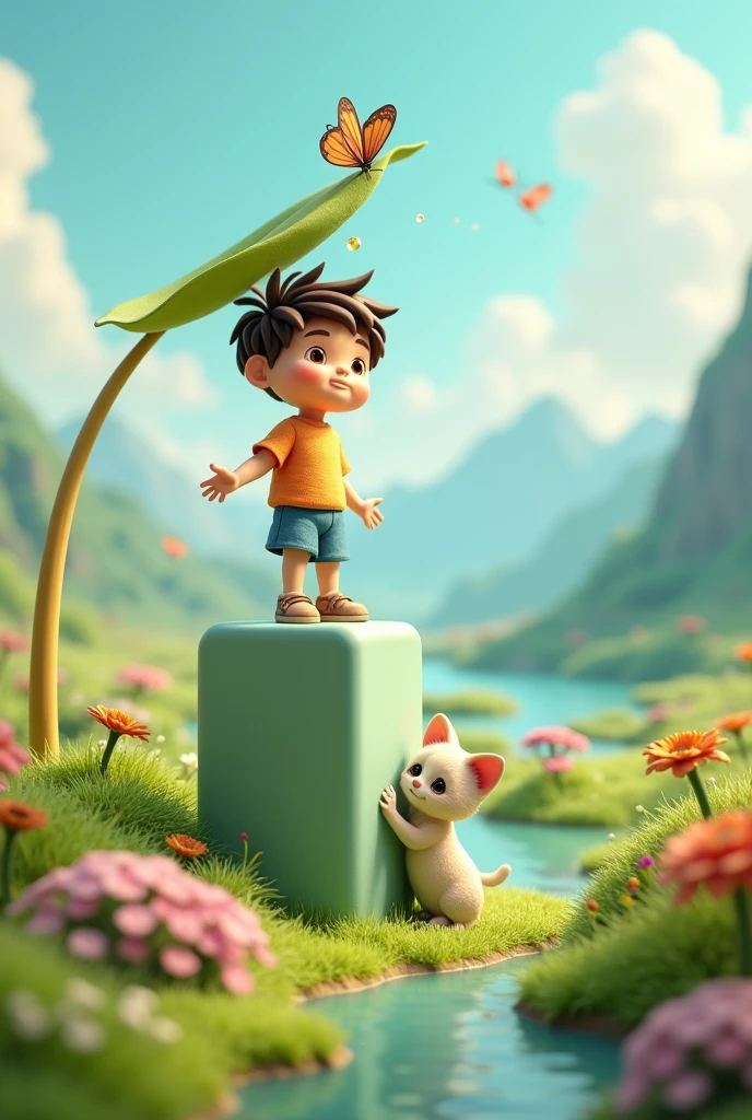 3d scene is created, a cute  stands on tiptoe on a tall square box, a kitten snuggles up to the boy's heel, carefully observing the yellow tip of the plant several large dew drops fall from the top of the leaf, the leaf and dew are close-up, surrounded by yellow grass, two butterflies are dancing, super cute clay world, isdistant view, Lovely clay-ice frame animation with lovely peaks, streams, fur-edged grass in the background, brightly colored landscapes, colorful flower fields, turquoise lakes, gold and red fields and mountains, sloping movement, excellent lighting, volume, landscape, brush rendering, 3D, super detail 