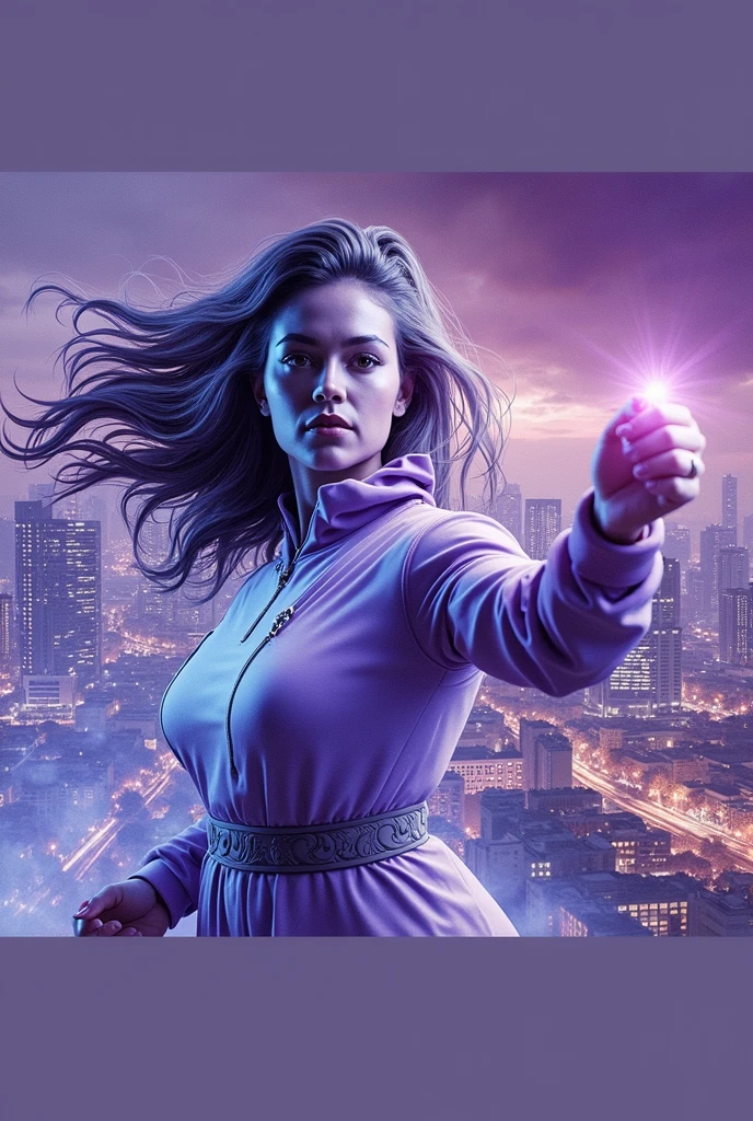 a young lady,displaying her own power. ((changing, knowledge, defiance, plotting, foreseeing)),((violet,blue,purple)),(( Full figure wiew)). ((Three quarter wiew)).((fractal)),((deep wiew)),modern suburbs scenario background,photographic,ultra high resolution,hyperdetailed, masterpiece, 3d modelling, digital art.