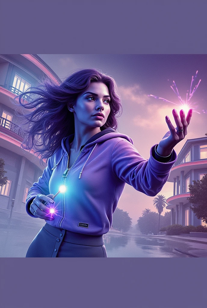 a young lady,displaying her own power. ((changing, knowledge, defiance, plotting, foreseeing)),((violet,blue,purple)),(( Full figure wiew)). ((Three quarter wiew)).((fractal)),((deep wiew)),modern suburbs scenario background,photographic,ultra high resolution,hyperdetailed, masterpiece, 3d modelling, digital art.
